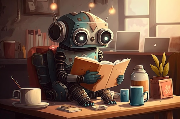 Милый робот с ноутбуком печатает в кафе в окружении книг и кофейных чашек