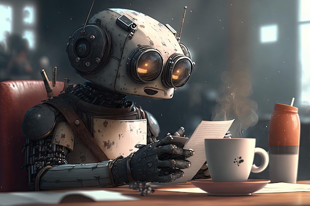 Cute robot working on homework and enjoying hot cup of coffee in cozy cafe