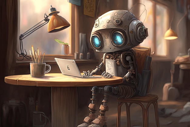 Cute robot working on an important project for work in quiet and peaceful cafe