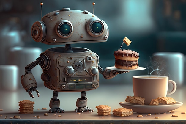 Cute robot works on a project with coffee and pastry in hand