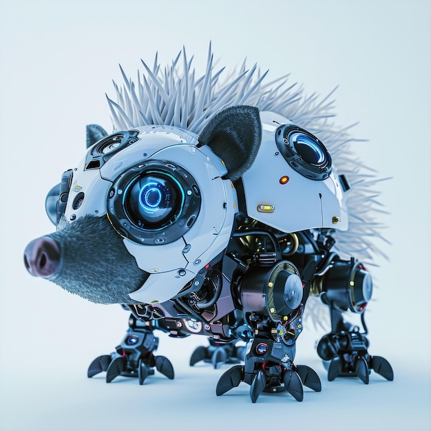 Милый роботизированный ежик изолирован на белом фоне вымышленный кибернетический животный персонаж