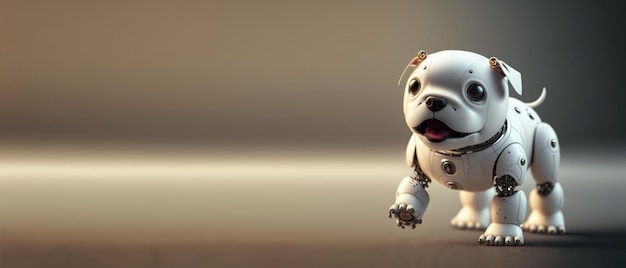 Cute robotic puppy isolated on large empty background