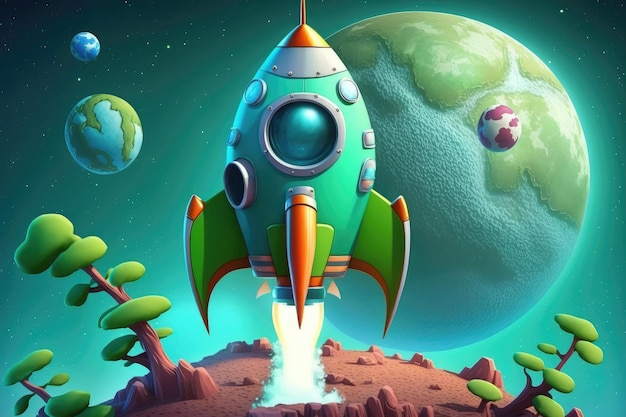 Cute rocket start with view of blue and green planet in the background created with generative ai