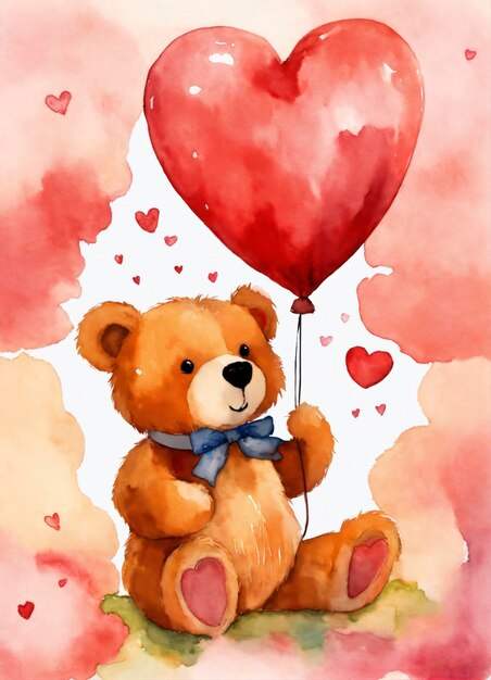 Photo a cute romantic bear with ballon heart watercolor style