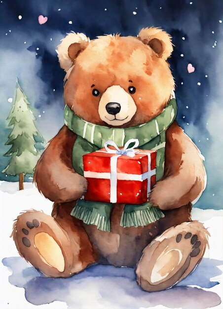 Photo a cute romantic bear with christmas gifts watercolor style