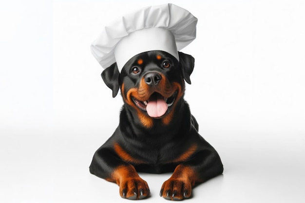 Cute Rottweiler smiling wearing a white chefs hat isolated on a solid white background