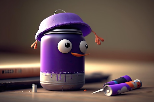 Cute round painted paint can character with purple cap