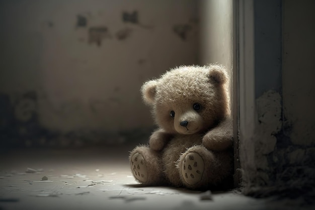 A cute sad bear sits on the floor Generative AI