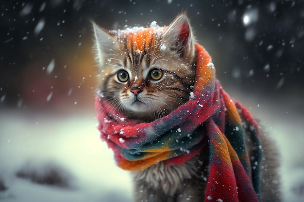 Cute sad kitten wearing colorful stylish scarf standing on winter path in snow blizzard Generative AI