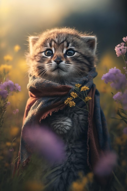 Cute sad kitten wearing stylish scarf sit in a sunny wildflower meadow Generative A