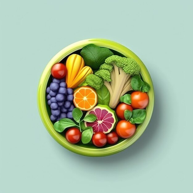 Симпатичная трехмерная иконка салата со свежими и хрустящими овощами и фруктами