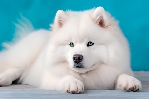 Cute samoyed dog on blue color background neural network ai generated