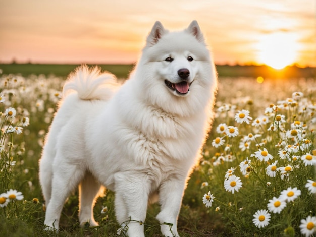 Cute Samoyed dog in chamomile field at sunset