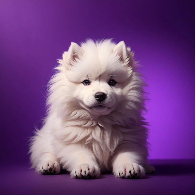 Cute samoyed puppy on purple background