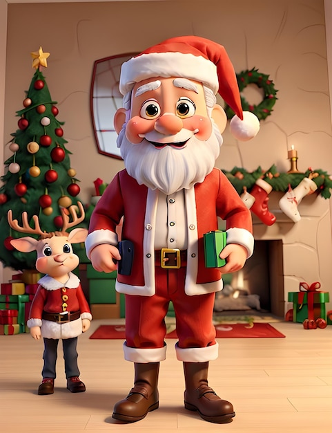 cute santa claus and christmas tree and gifts