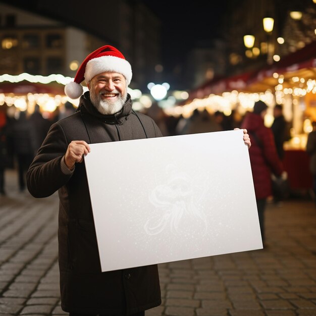 a cute Santa Claus holding a white blank poster in his hands