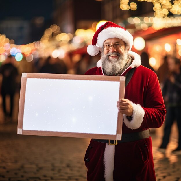 Photo a cute santa claus holding a white blank poster in his hands