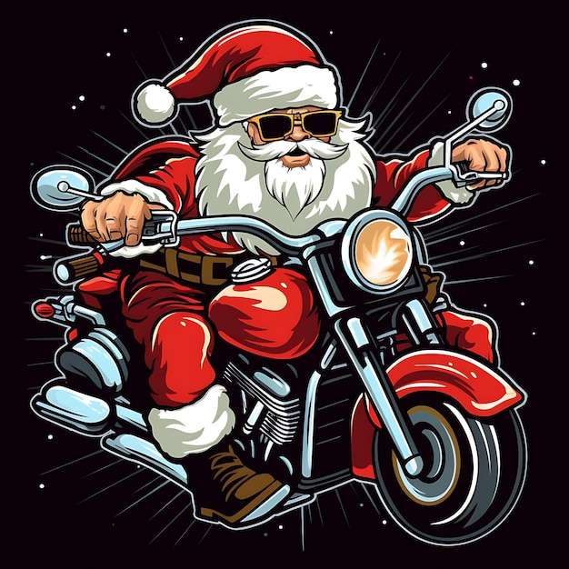 Photo cute santa clause riding a motorbike sticker logo illustration