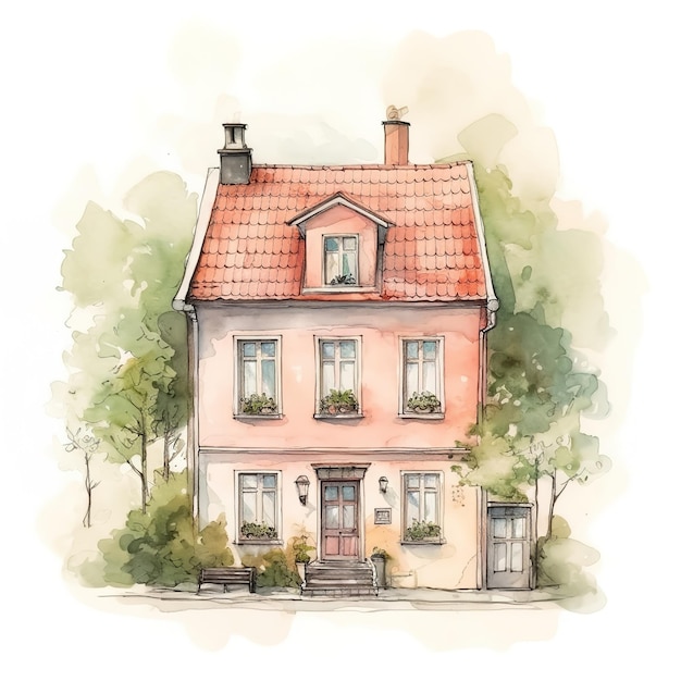 Cute scandinavian house Flat watercolor image in a pastel colors Generated ai