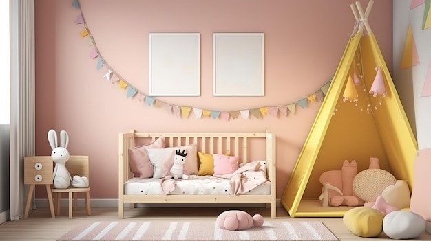 Cute scandinavian kids room with blue canopy Generative Ai