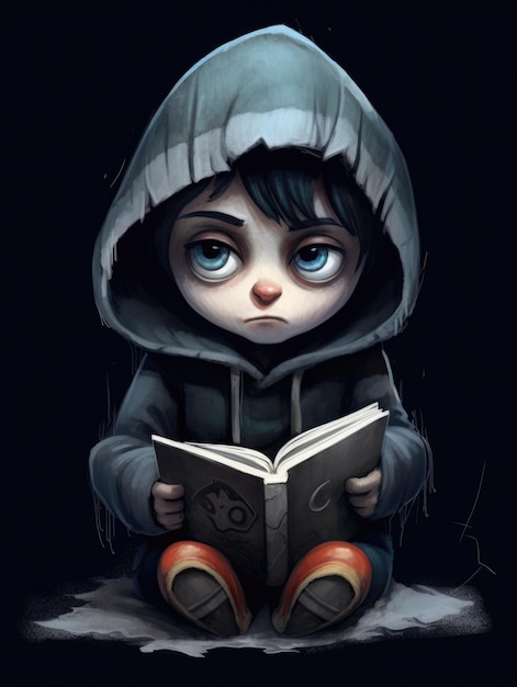 A cute scary boy with big eyes reading a book on a dark environment