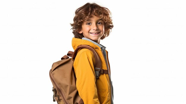 Cute school boy with backpack isolated on white background Back to school concept