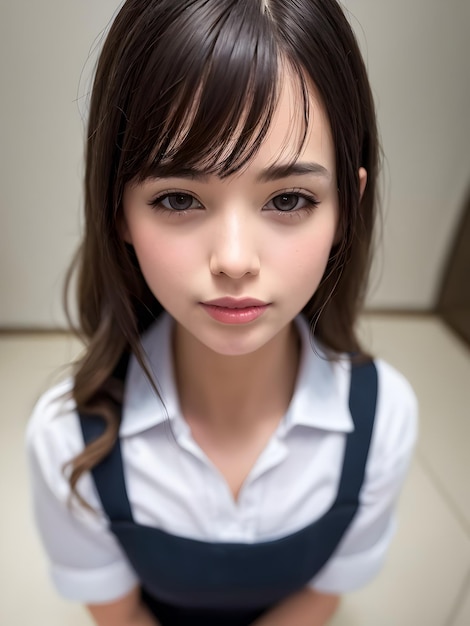 Cute school girl in school uniform standing ai generative