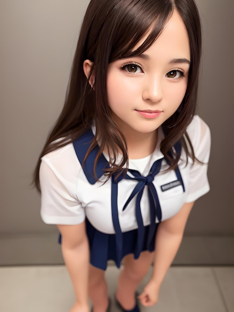 Cute school girl in school uniform standing ai generative