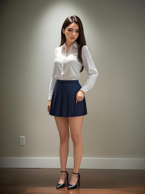 Cute school girl in school uniform standing ai generative