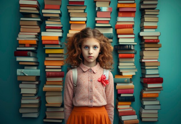 Cute school girl standing in front of a pile of stacked books Back to school conceptual background