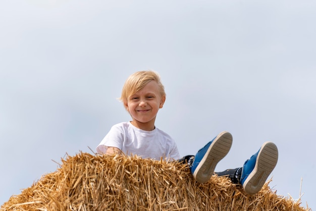 Cute schoolboy boy is sitting on haystack in field on sky background Harvesting Summer day in village