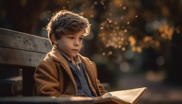 Cute schoolboy reading book in autumn sunlight generated by AI