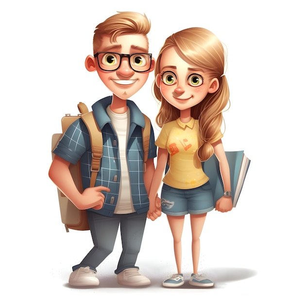 Милый школьник и школьница с рюкзаком и книгами изолированы на белом фоне