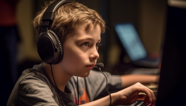 Cute schoolboy sitting listening to music enjoying technology indoors generated by AI