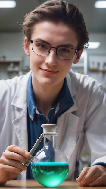 エルメイヤー・フラスクを握っている可愛い科学の学生
