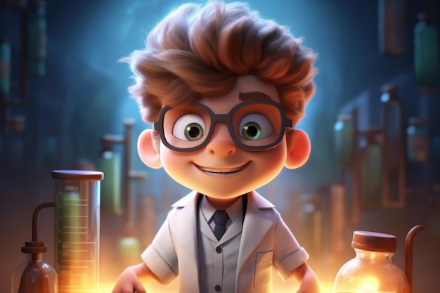 Cute scientist cartoon character with lab background generated by ai