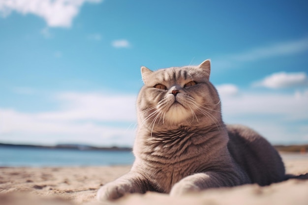 Cute Scottish fold cat lying on the sand and looking at the blue sky