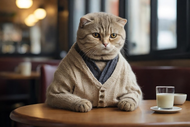 Милая шотландская кошка в теплом свитере сидит в кафе.