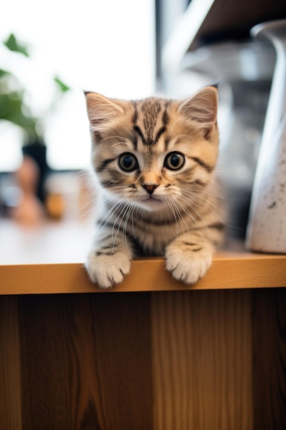 Cute scottish fold kitten sitting on shelf at home