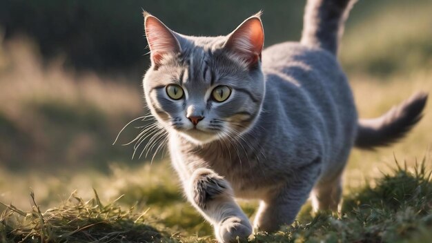 사랑스러운 스코틀랜드 직선 회색 고양이 사냥과 놀이