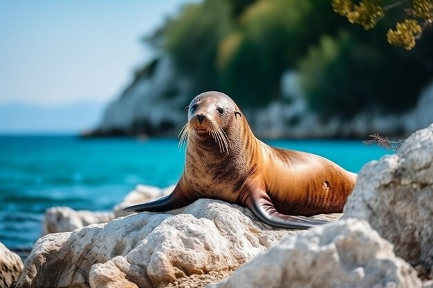 Cute sea lion lying on the pebbles on the coast of the sea