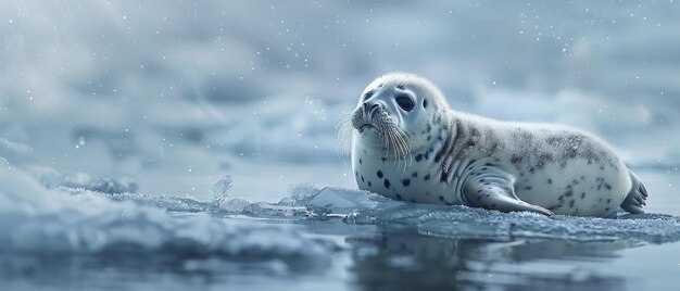 Foto un adorabile cucciolo di foca che riposa su una banchina di ghiaccio nell'artico