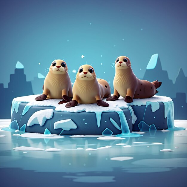 Photo cute seals sitting on ice cartoon vector icon illustration animal nature icon concept isolated flat