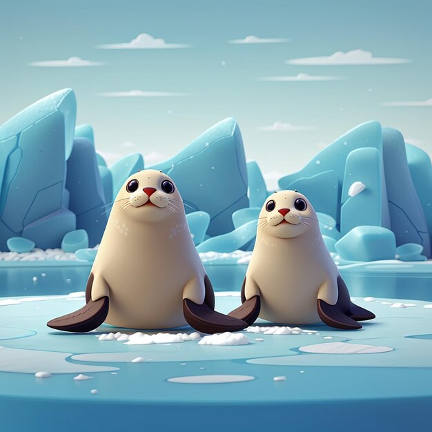 Photo cute seals sitting on ice cartoon vector icon illustration animal nature icon concept isolated flat