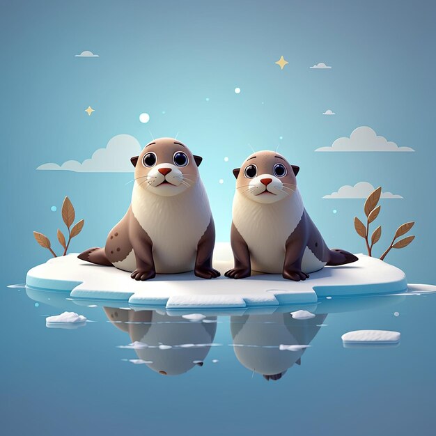 Cute seals sitting on ice cartoon vector icon illustration animal nature icon concept isolated flat