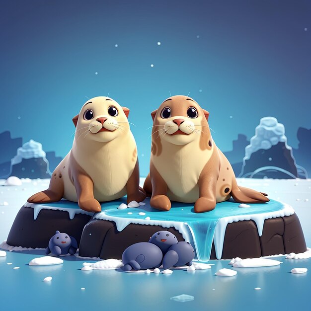 Cute seals sitting on ice cartoon vector icon illustration animal nature icon concept isolated flat