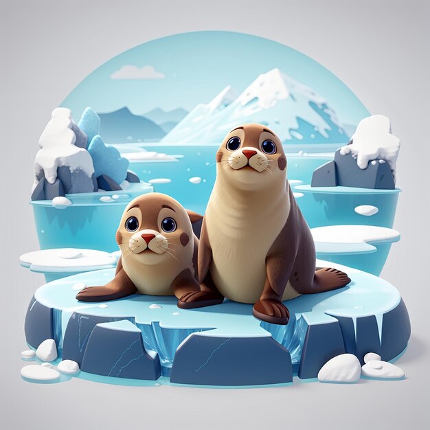 Cute seals sitting on ice cartoon vector icon illustration animal nature icon concept isolated flat