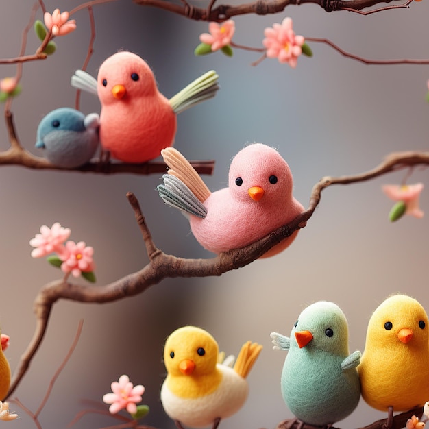 Милые бесшовные птицы на ветвях 3D-модель