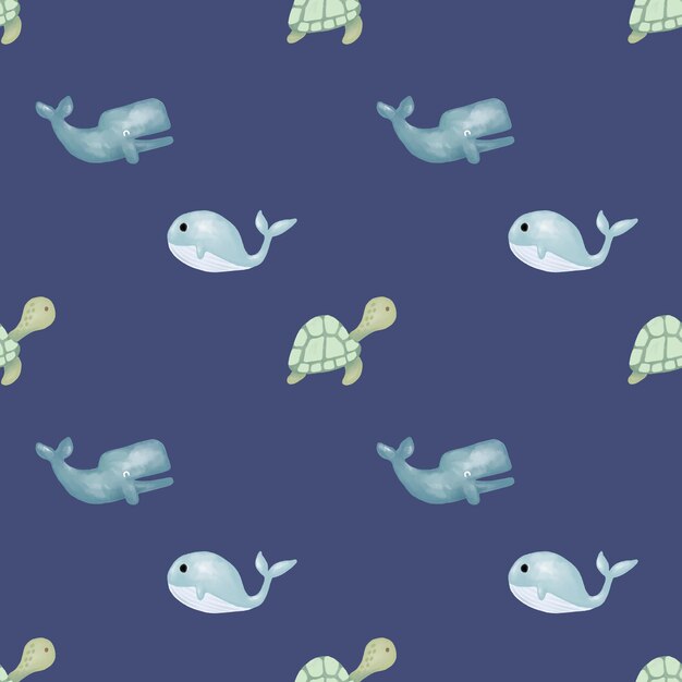 Cute seamless hand drawn watercolor whale and turtle elephant pattern background