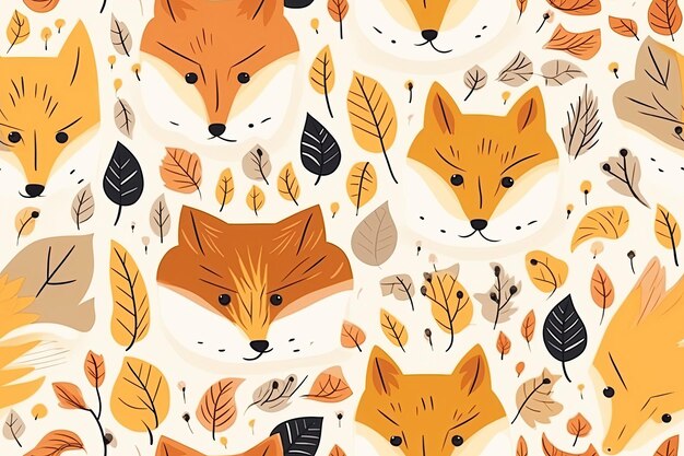 Cute seamless pattern of fox cubs' faces against a forest background with leaves and dots Generative AI illustration